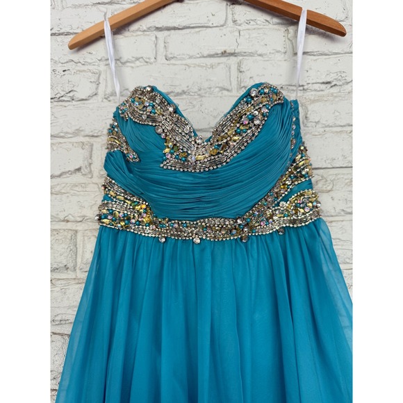 Sherri Hill Size 0 Blue Beaded Strapless Formal Gown Prom Dress Ruched Gemstones - Picture 8 of 16